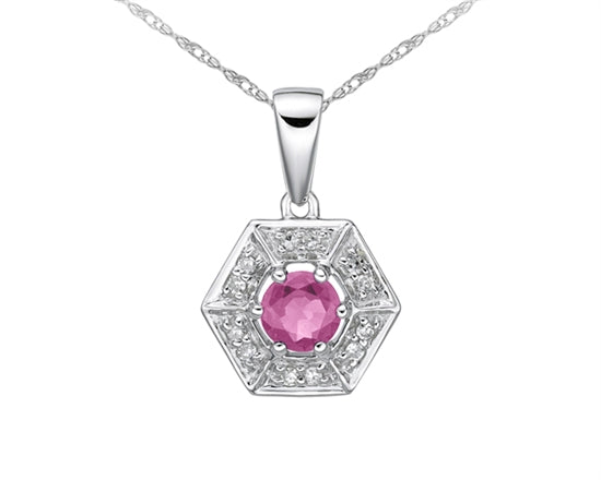 10K White Gold 3.80mm Round Cut Pink Sapphire and 0.05cttw Diamond Halo Pendant - 18 inches