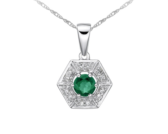 10K White Gold 3.80mm Round Cut Emerald and 0.05cttw Diamond Pendant - 18 inches