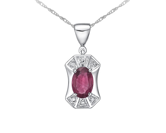 10K White Gold 6x4mm Oval Cut Ruby and 0.03cttw Diamond Pendant  - 18 Inches