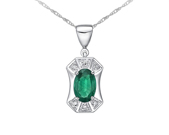 10K White Gold 6x4mm Oval Cut Emerald and 0.03cttw Diamond Pendant - 18 inches