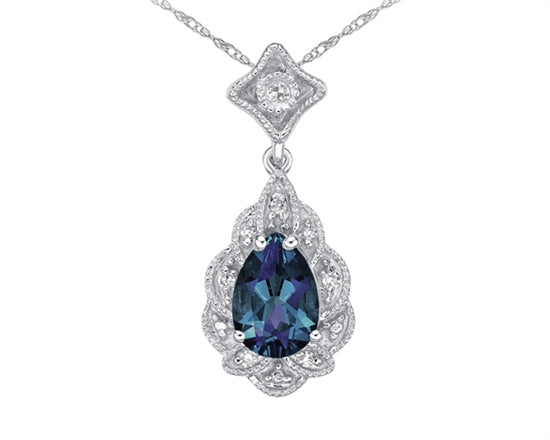 10K White Gold 7x5mm Pear Cut Created Alexandrite and 0.03cttw Diamond Scalloped Halo Necklace - 18 Inches