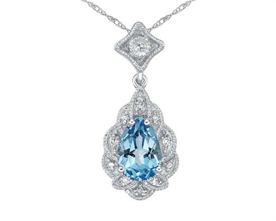10K White Gold 7x5mm Pear Cut Swiss Blue Topaz and 0.03cttw Diamond Necklace - 18 Inches