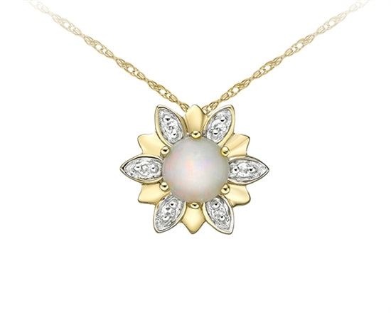 10K Yellow Gold 5mm Round Cut White Opal and 0.03cttw Diamond Pendant - 18 Inches