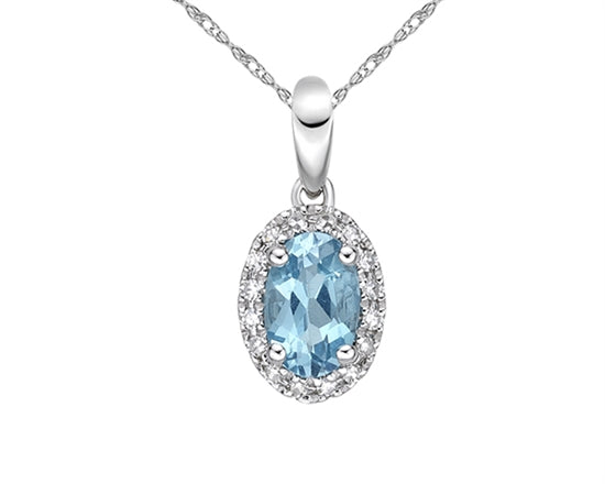 10K White Gold 6x4mm Oval Cut Swiss Blue Topaz and 0.06cttw Diamond Halo Necklace - 18 Inches