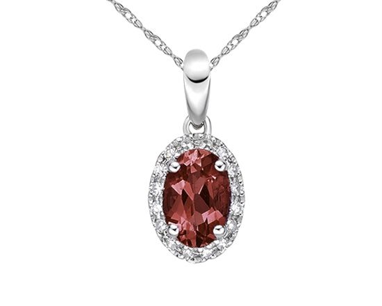 10K White Gold 6x4mm Oval Cut Garnet and 0.06cttw Diamond Halo Pendant - 18 inches