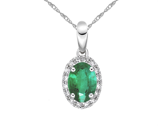 10K White Gold 6x4mm Oval Cut Emerald and Diamond Halo Pendant - 18 inches