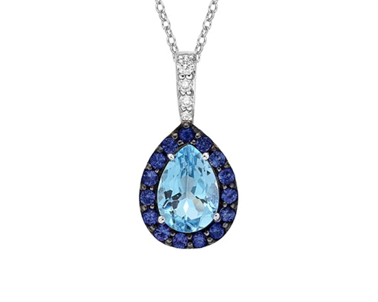 Oro blanco de 10 quilates, topacio azul cielo de talla pera de 7x5 mm con halo de zafiro azul y collar de diamantes de 0,03 quilates - 18 pulgadas