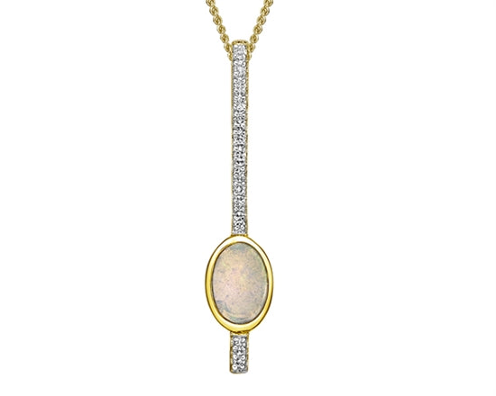 10K Yellow Gold 6x4mm Oval Cut White Opal and Diamond Pendant - 18 Inches