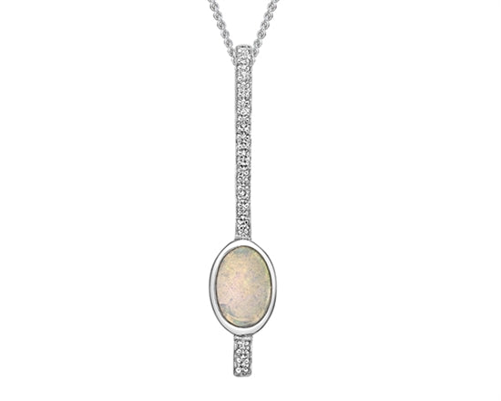 10K White Gold 6x4mm Oval Cut White Opal and Diamond Pendant - 18 Inches