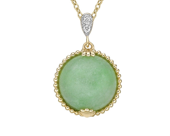 10K Yellow Gold 10mm Round Cut Cabochon Jade and 0.017cttw Diamond Pendant - 18&quot;