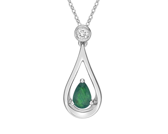 10K White Gold 6x4mm Pear Cut Emerald and 0.055cttw Diamond Pendant - 18 inches