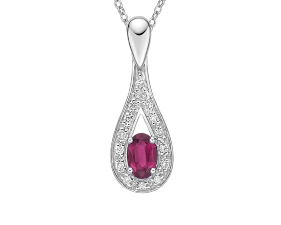 10K White Gold 6x4mm Oval Cut Ruby and 0.095cttw Diamond Pendant - 18 inches
