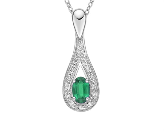 10K White Gold 6x4mm Oval Cut Emerald and 0.095cttw Diamond Pendant - 18 inches