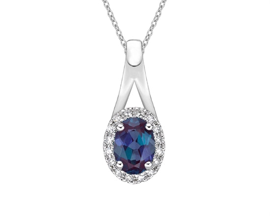 10K White Gold 7x5mm Oval Cut Created Alexandrite and 0.08cttw Diamond Halo Necklace - 18 Inches