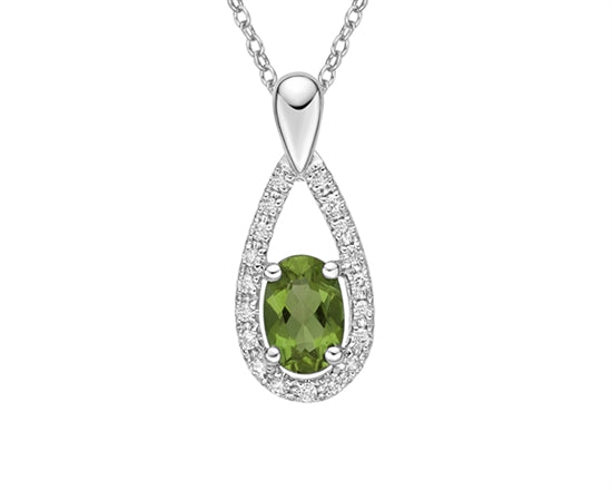 10K White Gold 7x5mm Oval Cut Peridot and 0.11cttw Diamond Halo Pendant - 18 inches