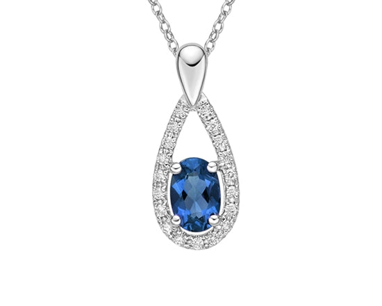 10K White Gold 7x5mm Oval Cut London Blue Topaz and 0.11cttw Diamond Necklace - 18 Inches