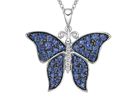 Colgante de mariposa de diamantes de 0,031 quilates y zafiro de talla redonda de 1,25 a 2,10 mm en oro blanco de 10 quilates - 18 pulgadas