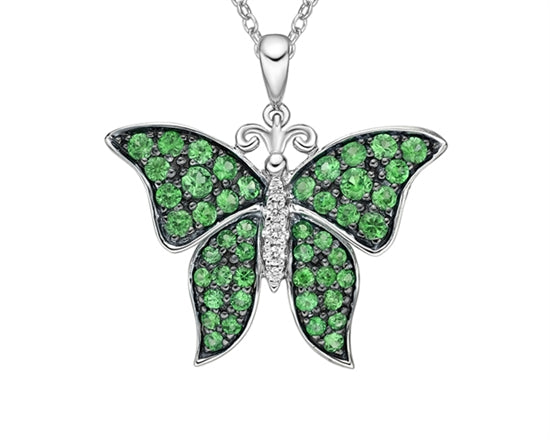 10K White Gold 1.25-2.10mm Round Cut Emerald and 0.031cttw Diamond Butterfly Pendant - 18 inches