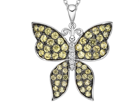 Colgante de mariposa de diamantes de 0,037 quilates y zafiro amarillo de talla redonda de 1,25 a 2,10 mm en oro blanco de 10 quilates - 18 pulgadas