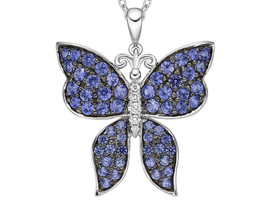 Colgante de mariposa de diamantes de 0,037 quilates y zafiro azul de talla redonda de 1,25 a 2,10 mm en oro blanco de 10 quilates - 18 pulgadas