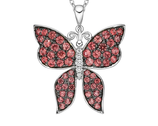 10K White Gold 1.25-2.10mm Round Cut Ruby and 0.037cttw Diamond Butterfly Pendant - 18 inches