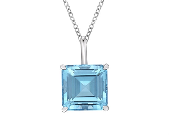 10K White Gold 8mm Emerald Cut Swiss Blue Topaz Necklace - 18 Inches