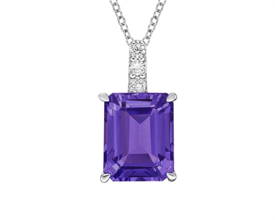 10K White Gold 1.80cttw Emerald Cut Amethyst and 0.055cttw Diamond Pendant, 18&quot;