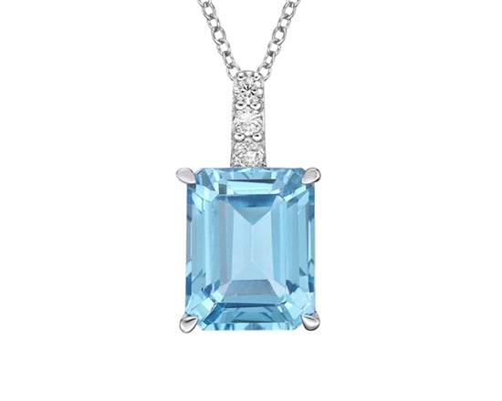 10K White Gold 8x7mm Emerald Cut Swiss Blue Topaz and 0.055cttw Diamond Necklace - 18 Inches