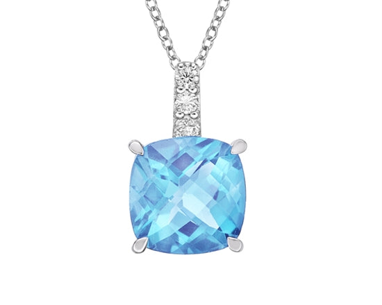10K White Gold 8mm Checkerboard Cushion Swiss Blue Topaz and 0.06cttw Diamond Necklace - 18 Inches