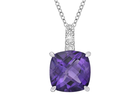 10K White Gold 2.00cttw Cushion Cut Amethyst and 0.06cttw Diamond Pendant, 18&quot;