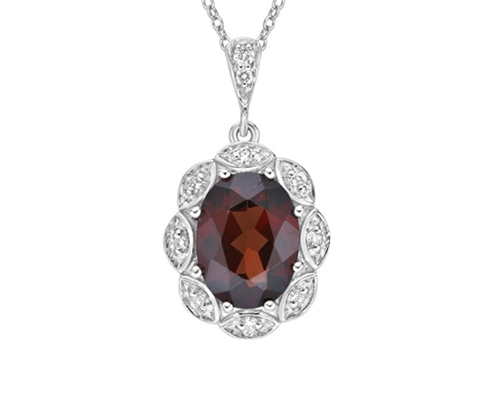 10K White Gold 8x6mm Oval Cut Garnet and 0.06cttw Diamond Scallop Halo Pendant - 18 inches