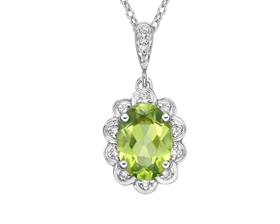 10K White Gold 8x6mm Oval Cut Peridot and 0.054cttw Diamond Scallop Halo Pendant - 18 inches
