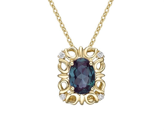10K Yellow Gold 7x5mm Oval Cut Created Alexandrite and 0.03cttw Diamond Necklace - 18 Inches