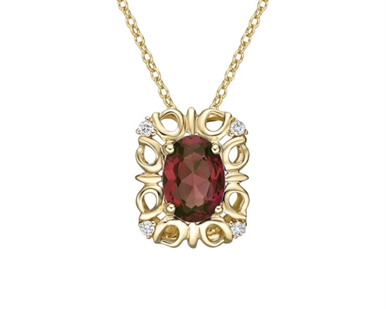 10K Yellow Gold 7x5mm Oval Cut Garnet and 0.03cttw Diamond Pendant - 18 inches