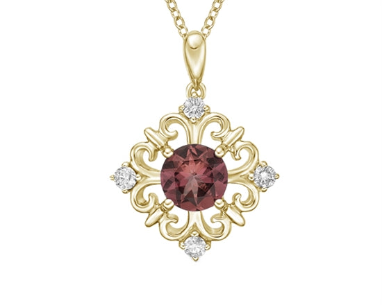 10K Yellow Gold 5mm Round Cut Garnet and 0.09cttw Diamond Pendant - 18 inches