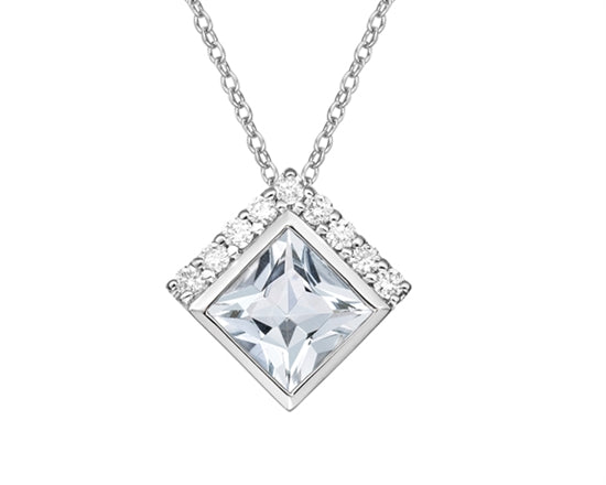 10K White Gold 6.0mm Princess Cut Aquamarine &amp; 0.14cttw Diamond Pendant - 18&quot;