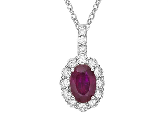 14K White Gold 6x4mm Oval Cut Ruby and 0.265cttw Diamond Halo Pendant  - 18 Inches