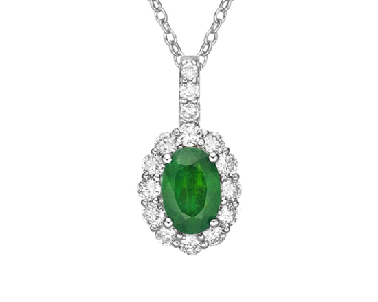 14K White Gold 6x4mm Oval Cut Emerald and 0.265cttw Diamond Halo Pendant - 18 inches