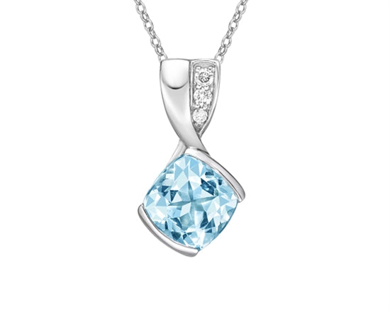 10K White Gold 7mm Cushion Cut Swiss Blue Topaz and 0.038cttw Diamond Necklace - 18 Inches