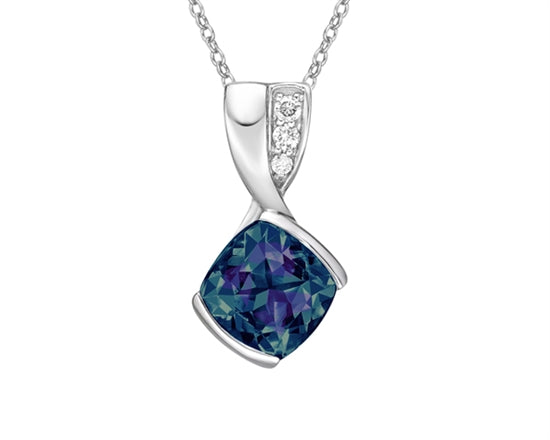 10K White Gold 7mm Cushion Cut Created Alexandrite and 0.038cttw Diamond Necklace - 18 Inches