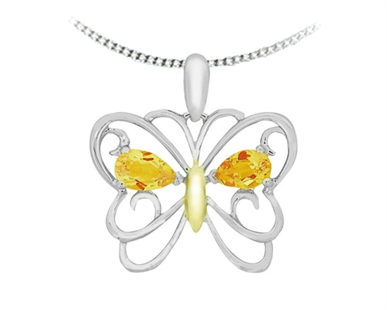 Colgante de mariposa de citrino con talla de pera de 5x3 mm de oro blanco y amarillo de 10 quilates - 18 pulgadas