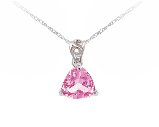 10K White Gold Trillion Cut Created Pink Sapphire Birthstone Pendant - 18 inches