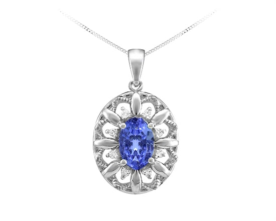 10K White Gold 6x4mm Oval Cut Tanzanite and 0.04cttw Diamond Pendant - 18 Inches
