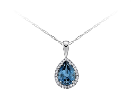 10K White Gold 10x7mm Pear Cut London Blue Topaz and 0.13cttw Diamond Halo Necklace, 18&quot;