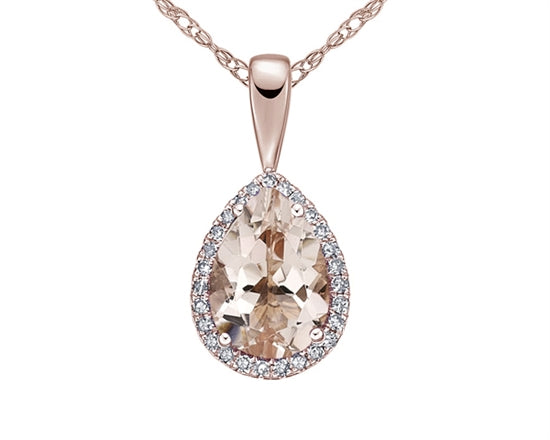10K Rose Gold 10x7mm Pear Cut Morganite and 0.135cttw Diamond Halo Pendant - 18 Inches