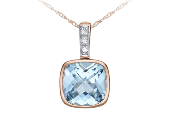 10K Rose Gold 8mm Cushion Cut Sky Blue Topaz and 0.015cttw Diamond Pendant - 18 Inches