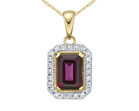10K Yellow Gold 7x5mm Emerald Cut Rhodolite and 0.096cttw Diamond Halo Pendant - 18 inches