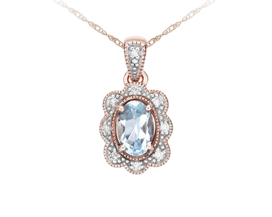10K Rose Gold 6x4mm Oval Cut Sky Blue Topaz and 0.04cttw Diamond Necklace - 18 Inches