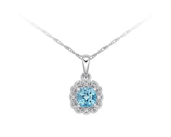 10K White Gold 5mm Cushion Cut Swiss Blue Topaz and Diamond Halo Necklace - 18 Inches
