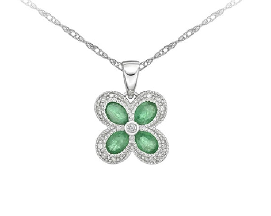 10K White Gold 4x3mm Pear Cut Emerald and 0.06cttw Diamond Halo Pendant - 18 inches
